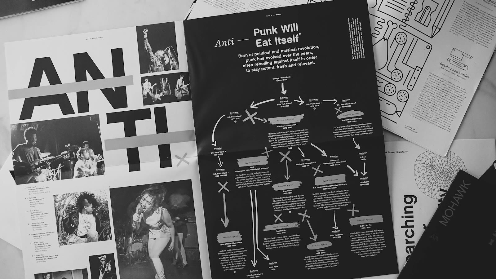 Various magazine pages are scattered, featuring black and white photographs of punk musicians performing, overlaid with bold text headers. One page prominently features the phrase 'Punk Will Eat Itsel